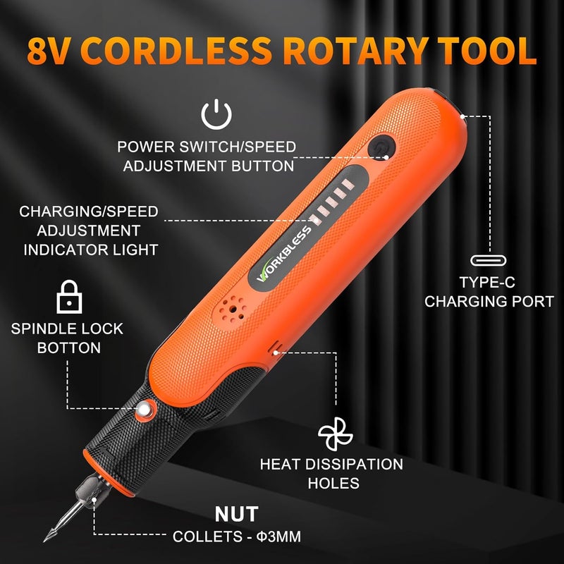 WorkBless Cordless Rotary Tool: 8V Rotary Tool Kit 103pcs Accessories - Electric Mini Power Rotary Tool for Polishing, Grinding, Cutting, Engraving, 5-Speed, Max 25000RPM, USB-C Charging - Image 4